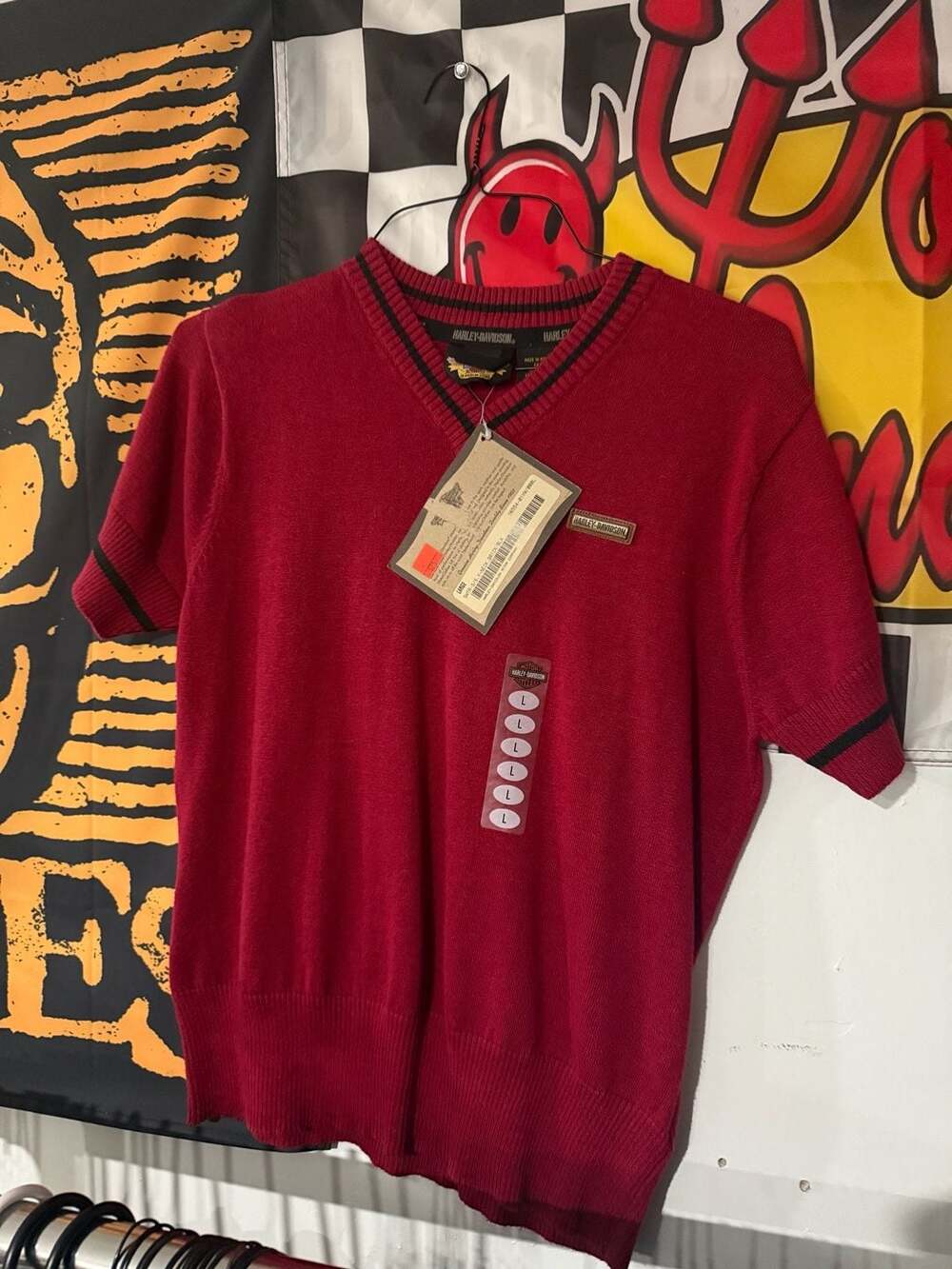 Harley-Davidson Womans V-Neck Short-Sleeve Knit Sweater Brick Red